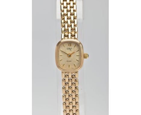A LATE TWENTIETH CENTURY 9CT GOLD LADY'S 'UNO' WRISTWATCH, quartz movement, cushion shape gold dial signed 'Uno, quartz', Rom