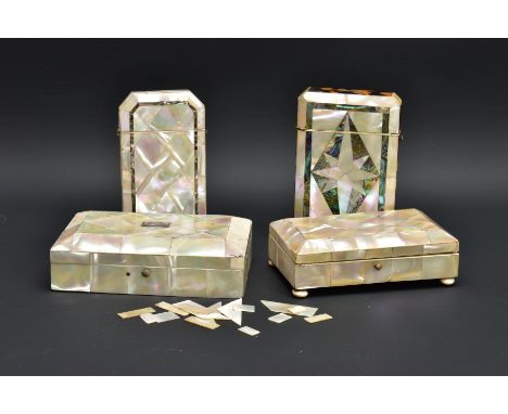 FOUR VICTORIAN MOTHER OF PEARL DECORATED ITEMS COMPRISING TWO CIGAR CASES, A TRINKET BOX AND A CASE OF SEWING ACCESSORIES, th