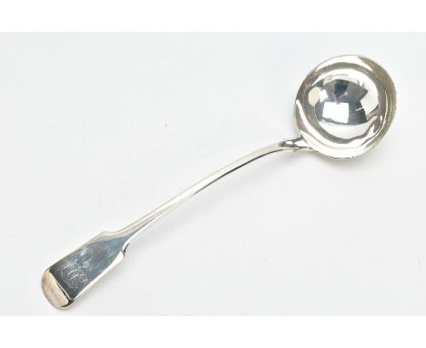 A GEORGE III SILVER FIDDLE PATTERN SOUP LADLE, engraved initials, makers Thomas Wallis (II) &amp; Jonathan Hayne, London 1819