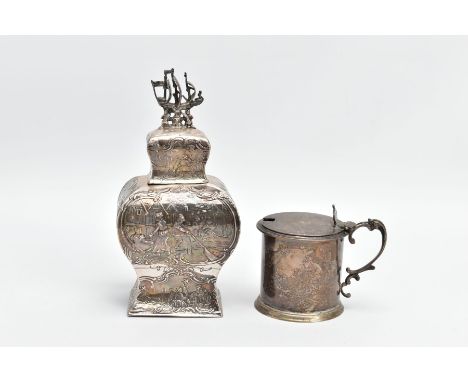 A LATE 19TH CENTURY GERMAN SILVER TEA CADDY OF BOMBE FORM, the pull off cover with galleon finial, repousse decorated with fi