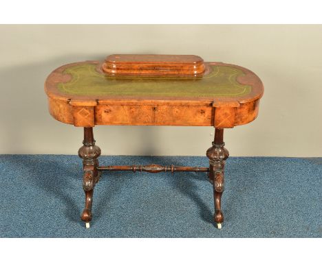 A VICTORIAN BURR WALNUT, MARQUETRY INLAID AND STRUNG LADIES WRITING TABLE, the oval raised section enclosing desk organising 