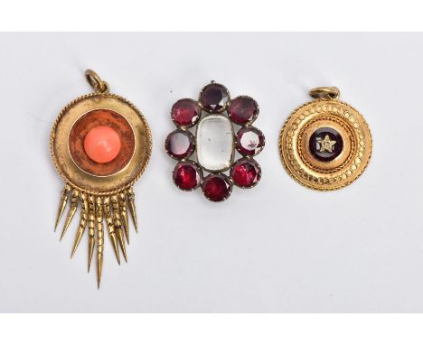 THREE ITEMS OF MEMORIAL JEWELLERY, the first a late Georgian brooch with vacant central panel surrounded by eight circular cu