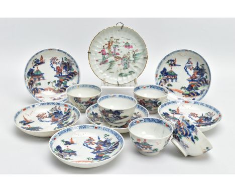 FIVE LATE 18TH CENTURY CHINESE VERTE IMARI PORCELAIN TEA BOWLS AND SIX MATCHING SAUCERS, decorated with pagodas in a landscap