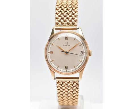 AN 9CT GOLD HAND-WOUND OMEGA WRISTWATCH, silvered dial with quarterly Arabic numerals and arrow markers, case width approxima