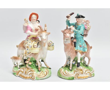 A PAIR OF DERBY FIGURES OF THE WELSH TAILOR AND HIS WIFE, CIRCA 1780, modelled as riding goats, carrying buckets and baskets 