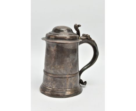 A GEORGE II SILVER COVERED TANKARD BY WILLIAM SHAW &amp; WILLIAM PRIEST, London 1754, the domed lid engraved with initials an