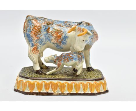 AN EARLY 19TH CENTURY PEARLWARE COW AND CALF GROUP, sponge decorated, on a canted rectangular base with moulded arrow head de