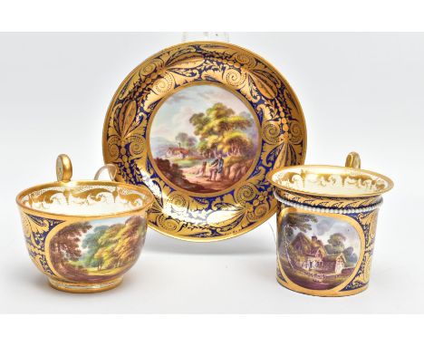 AN EARLY 19TH CENTURY DERBY PORCELAIN TRIO, CIRCA 1815, comprising tea cup, coffee can and saucer, the blue and gilt ground p
