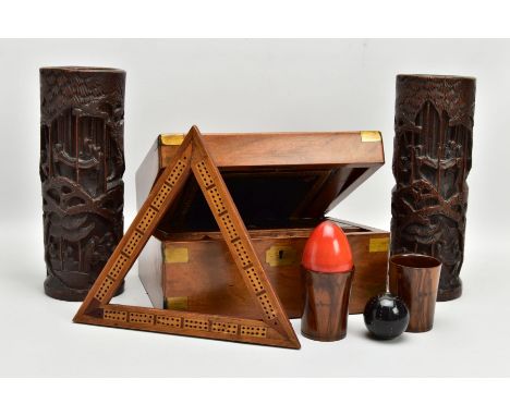 A GROUP OF VICTORIAN AND LATER TREEN, comprising a Victorian walnut and brass mounted writing slope, the fitted interior with