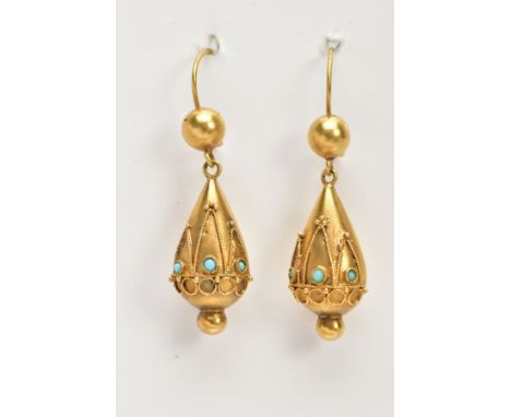 A PAIR OF DROP EARRINGS, each designed as a pear shape drop with applied cannetille decoration and three circular blue glass 