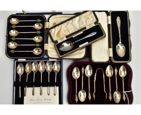 FOUR CASES OF 20TH CENTURY SILVER, comprising a set of six coffee spoons, makers Poston Products Ltd, Sheffield 1969, a cased