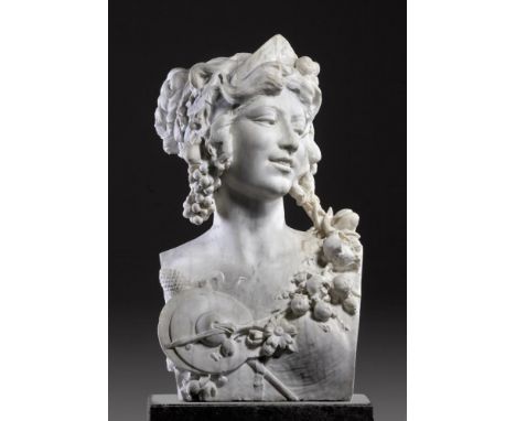 ‡ A FRENCH SCULPTED WHITE MARBLE BUST OF A BACCHANTE LATE 19TH CENTURY Her smiling visage turned to sinister her hair adorned