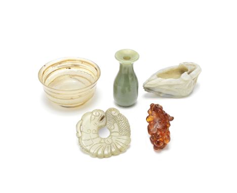 A GROUP OF FIVE VARIOUS JADES AND HARDSTONES19th/20th centuryComprising: a Celadon green jade vase; a pale green jade pendant
