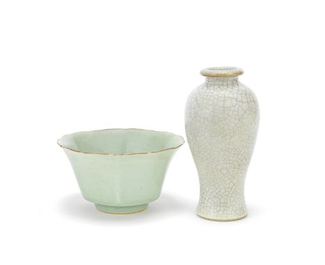 A CELADON-GLAZED LOBED BOWL AND A GE-TYPE VASE, MEIPING18th centuryThe bowl with fluted sides and a fine craquelure on the gl