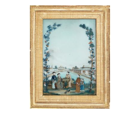 A REVERSE GLASS PAINTING OF OFFICIALS AND LADIESLate 18th centuryDepicting two government officials entertaining two court la