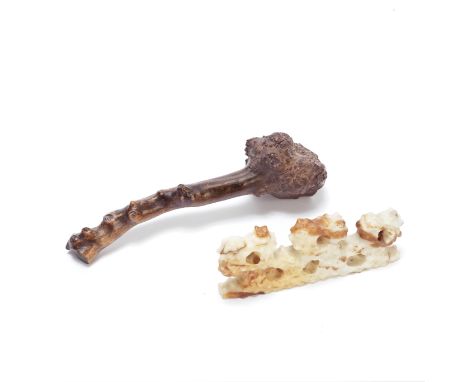 A ROOTWOOD BRUSH REST, PROBABLY HUANGHUALI, AND A MOTTLED WHITE AND RUSSET JADE BRUSH RESTThe rootwood, 17th century The firs