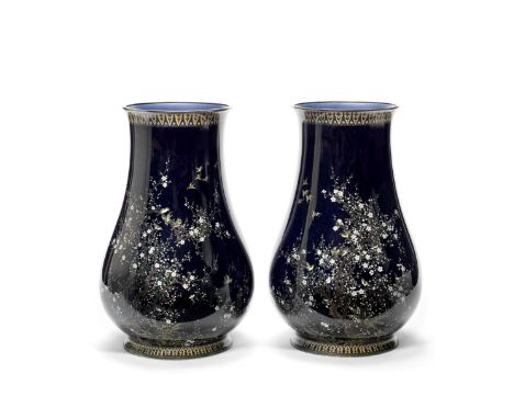 A PAIR OF CLOISONNÉ-ENAMEL ON SILVER VASESStyle of Hayashi Kodenji (1831-1915) of Nagoya, Meiji PeriodEach of pear-shape and 