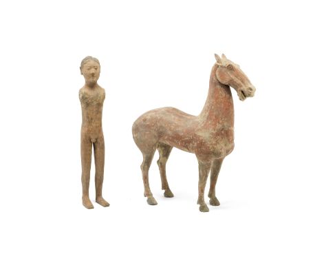 A LARGE POTTERY MODEL OF A HORSE AND A STICK FIGUREHan DynastyThe red pottery horse standing four-square and facing forwards;