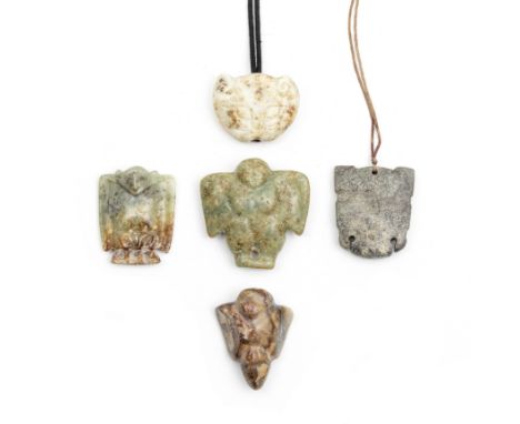 A GROUP OF FIVE ARCHAISTIC JADE PENDANTSComprising: two green and russet jade Hongshan-style pendants in the shape of birds o