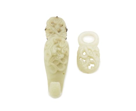A JADE BELT HOOK, CONJOINED BELT CLASP AND ANOTHER CLASPQing DynastyThe chilong carved hook of conventional curving form; ada