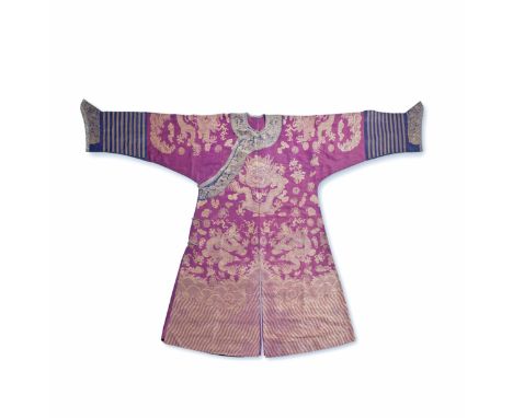 A BURGUNDY-GROUND WOVEN SILK 'NINE-DRAGON' ROBE, JIFU19th centuryThe long-sleeved Summer robe woven with nine dragons amidst 