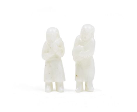 TWO WHITE JADE FIGURES OF MUSICIANSSong-Yuan styleBoth wearing boots and long coats, with shaved heads and long hair behind t