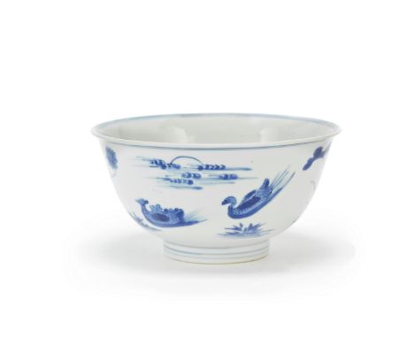 A BLUE AND WHITE 'DUCKS' BOWLChenghua six-character mark, KangxiThe deep rounded sided rising from a short tapering foot to a