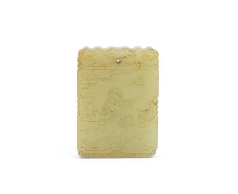 A YELLOW JADE 'FARMER' PENDANTQing DynastyOf rectangular shape, the plaque depicting a farmer carrying water pots in a river 