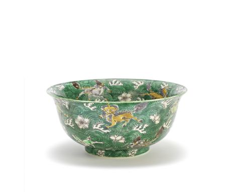 A FAMILLE VERTE 'MYTHICAL BEASTS' BOWLJiajing six-character mark, KangxiThe bowl with gently sloping sides opening to a wide 