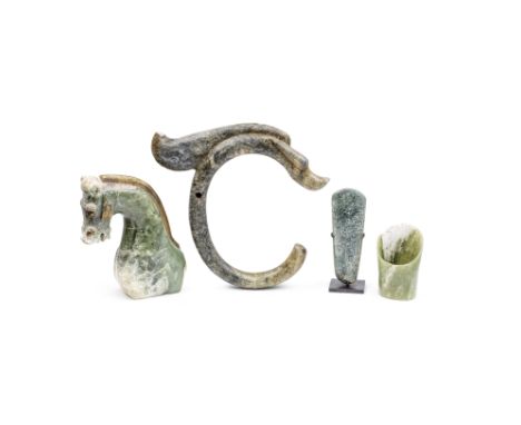 A GROUP OF THREE CHINESE ARCHAISTIC JADES AND ONE OLMEC-STYLE JADEIncluding a large Hongshan style zhulong or pig dragon; a h