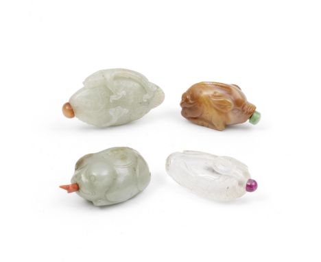 A GROUP OF FOUR ANIMAL-FORM SNUFF BOTTLES19th and 20th centuryComprising: a white jade group of a fish with an arched chilong