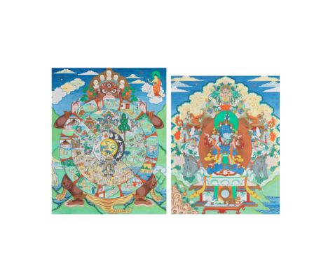 A THANGKA OF A MANDALA AND A THANGKA OF VAJRADHARA20th centuryDistemper on cloth, the first depicting a mandala with scenes f