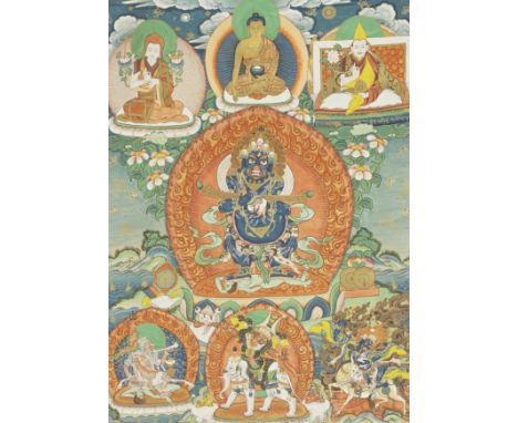 A THANGKA OF MAHAKALA PANJARANATHA19th/20th centuryDistemper on cloth, with central Panjaranatha Mahakala holding a curved kn