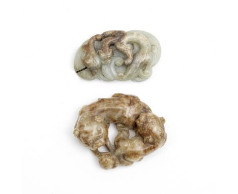A JADE 'LION' GROUP AND A JADE 'CHILONG AND PHOENIX' PENDANTQing DynastyComprising: a mottled russet and cream jade recumbent