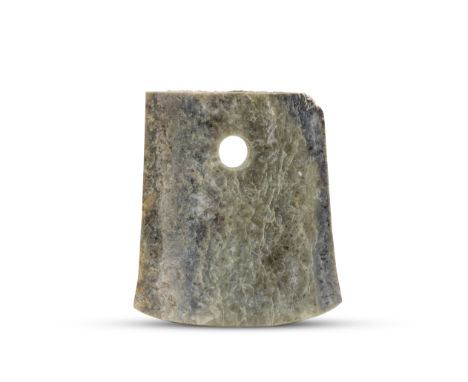 A JADE RITUAL AXE, YUENeolithic styleThe rectangular form with three curved, gently bevelled edges and a centred large circul
