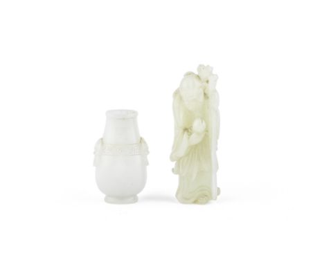 A PALE GREEN JADE FIGURE OF SHOULAO AND A WHITE JADE VASE18th/19th centuryThe standing Shoulao holding a peach to his chest a