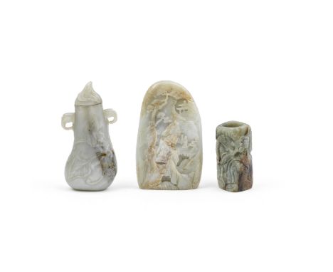 A GROUP OF THREE CARVED JADESQing Dynasty and laterComprising: a white and russet jade boulder with a scholar and boy ascendi