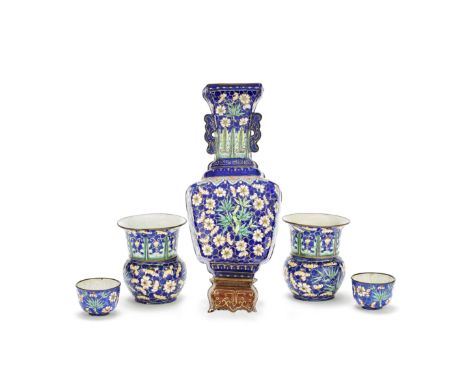 AN ASSOCIATED GROUP OF PAINTED ENAMEL WARESQing DynastyComprising: a wall vase, a pair of two-section zhadou, and a pair of s