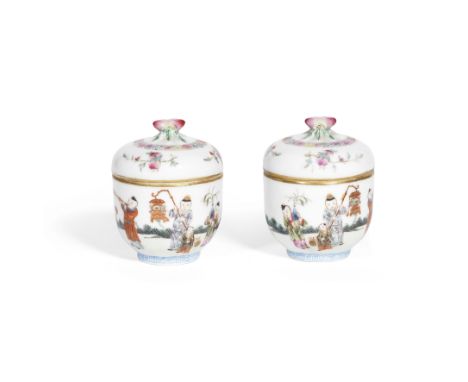 A PAIR OF FAMILLE ROSE 'SUCCESSFUL SONS' CUPS AND COVERSLingzhi chengxiang marks, RepublicEach brightly enamelled with a 'hun