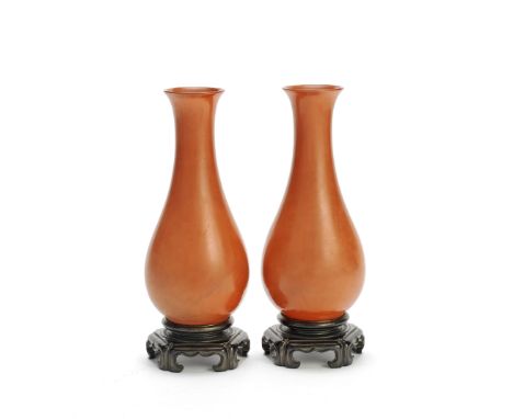A PAIR OF 'FUZHOU' LACQUER VASESEarly 20th centuryEach of elongated pear-shape with flaring necks and integral faux-wood brac