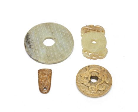 FOUR ARCHAISTIC JADE CARVINGS, THREE BI DISCS AND AN AXE PENDANTSong Dynasty and laterComprising: one small brown jade pendan