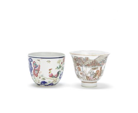 TWO FAMILLE ROSE CUPSQianlong seal marks, probably RepublicThe first, a 'chicken' cup, with a boy among cockerels, chicken, p