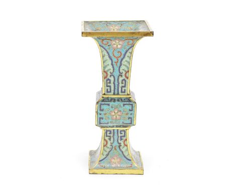 A CLOISONNÉ-ENAMEL SQUARE BEAKER VASE, GUQianlongDecorated with panels of prunus blossom within borders of archaistic fret wo