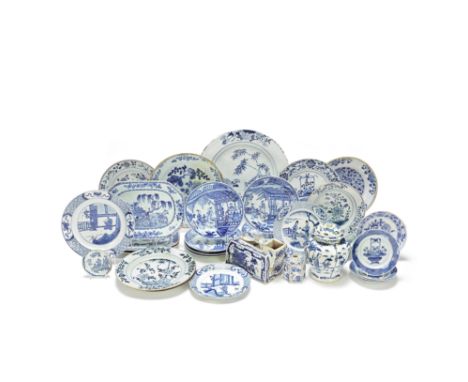 A LARGE COLLECTION OF BLUE AND WHITE EXPORT AND OTHER PORCELAINMainly Kangxi to Qianlong Comprising: a large circular 'bamboo