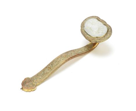 A JADE-INSET REPOUSSÉ-COPPER SCEPTRE, RUYILate Qing DynastyThe shaft with auspicious decoration of cranes and peaches in reli