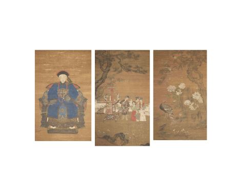 ANONYMOUS, 18TH/19TH CENTURY'Portrait of a nobleman', 'Leisure on the terrace' and 'Pheasants and Peonies'Ink and pigment on 