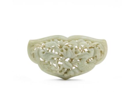 A RETICULATED JADE RUYI-FORM PLAQUEPossibly Yuan DynastyCarved in openwork relief with two phoenixes flanking a large central