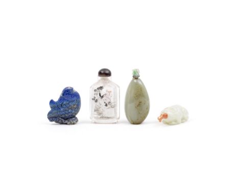 A GROUP OF FOUR VARIOUS SNUFF BOTTLESQing Dynasty and laterComprising: a pale green jade pebble with jadeite stopper; a white