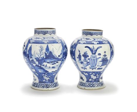 A PAIR OF KANGXI-REVIVAL BLUE AND WHITE JARS19th centuryOf baluster form with cylindrical necks, decorated with two large cen