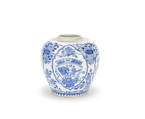 A BLUE AND WHITE GINGER JARKangxiDecorated with four cusped cartouches enclosing scholars' attributes and figures in fan-shap